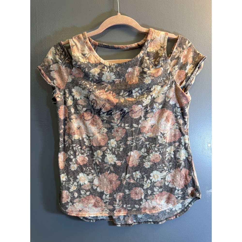 Hot Gal Floral Cold Shoulder Open Back Graphic Tee Grey Peach Medium S328-SC1081